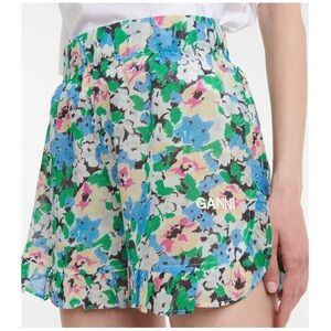 GANNI Ruffle Trim Shorts, Floral Azure Blue, FR34/US2